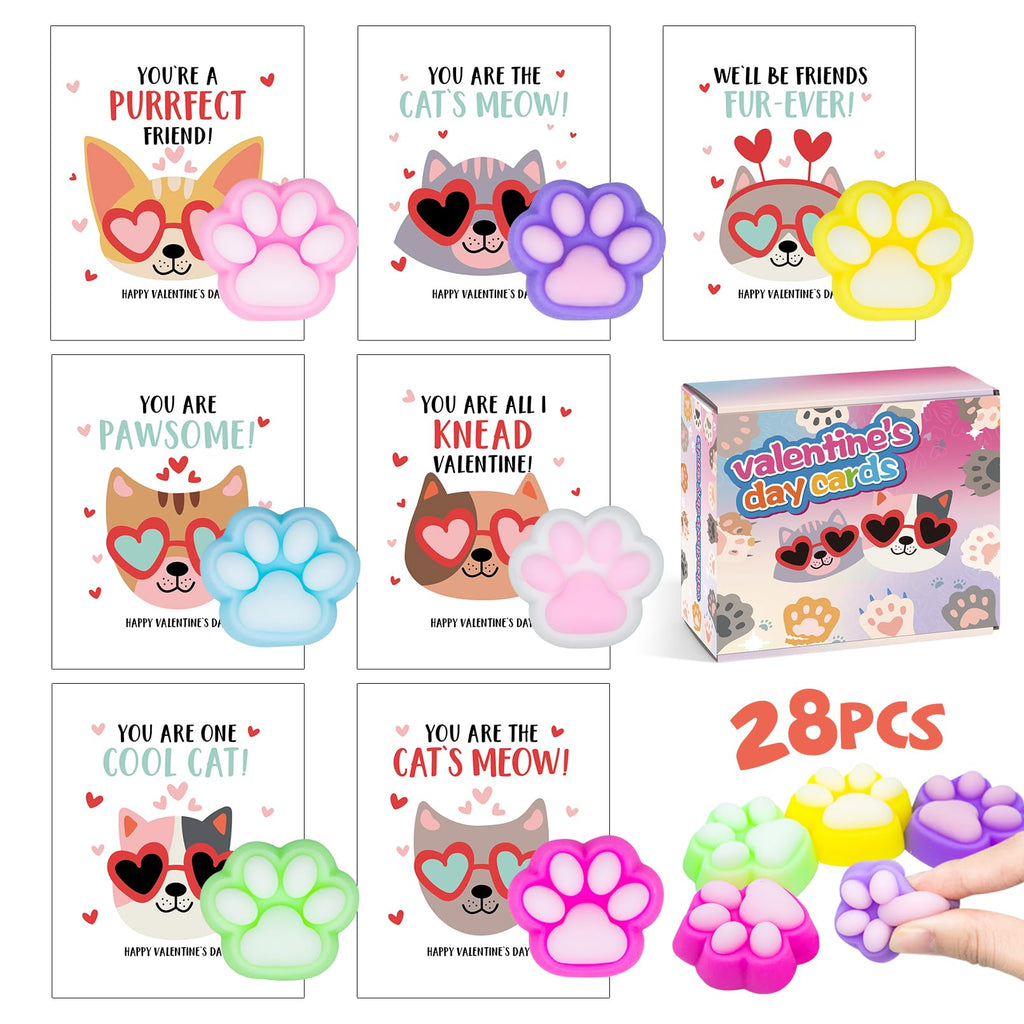 Tarjetas de San Valentín para Niños en Clase - Pack de 28 con Juguetes Suaves de Patas de Gato y Mini Bolsas para Regalos de San Valentín y Juegos Sensoriales de Patas de Gato Mochi en el Aula