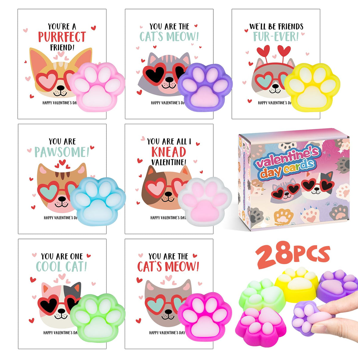 Tarjetas de San Valentín para Niños en Clase - Pack de 28 con Juguetes Suaves de Patas de Gato y Mini Bolsas para Regalos de San Valentín y Juegos Sensoriales de Patas de Gato Mochi en el Aula