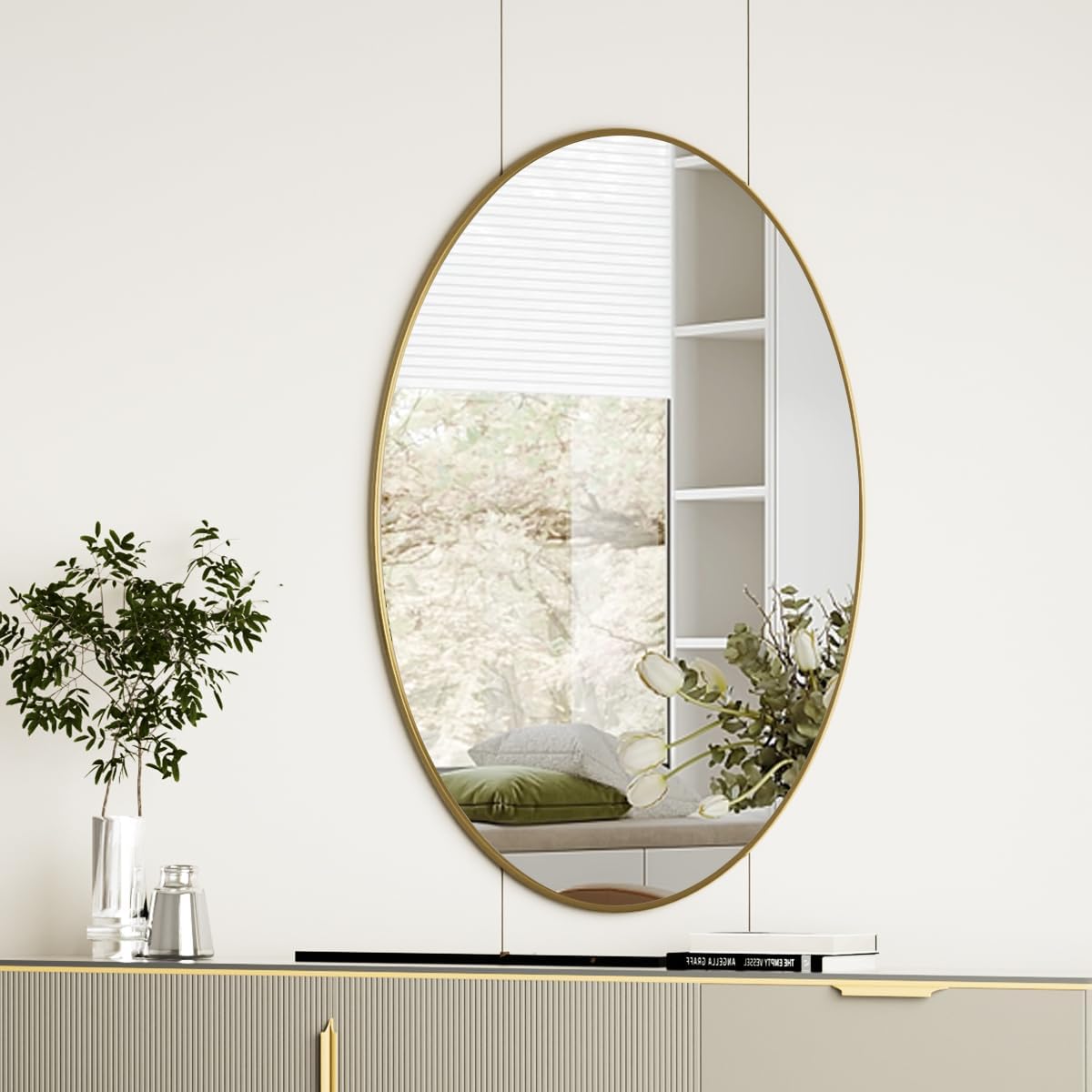Espejo Ovalado para Baño Koonmi Gold 20"x28", Espejo de Vanidad para Baño, Espejo Ovalado para Dormitorio, Sala de Estar y Entrada, Se Puede Colgar Horizontal o Verticalmente