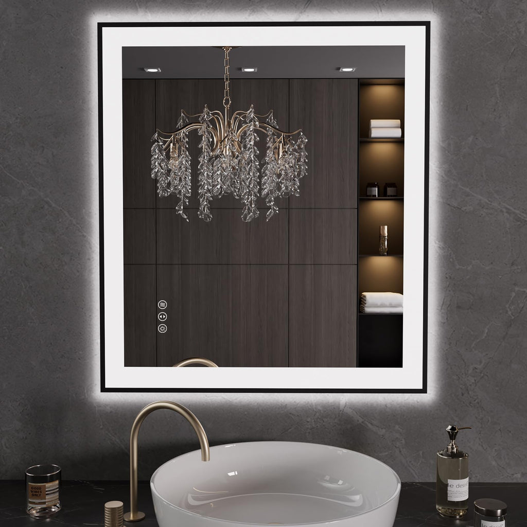 Espejo de Baño LED LOAAO 32"X36" con Marco Negro Antivaho Luz Regulable Espejo de Vanidad para Baño con Función de Memoria Vidrio Templado